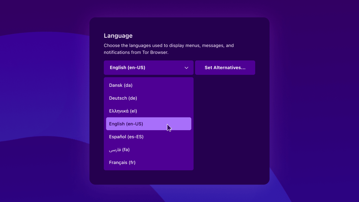 Visualization of the menu used to select Tor Browser 12.0's display language